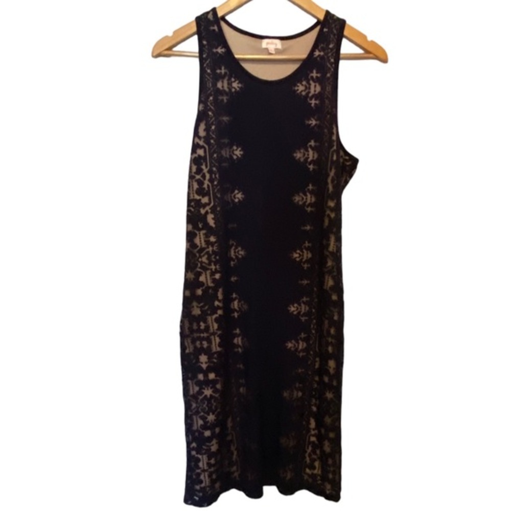 Anthropologie PIXLEY Lightweight MIDI dress Navy Blue over Tan Lined Dress Sz M
